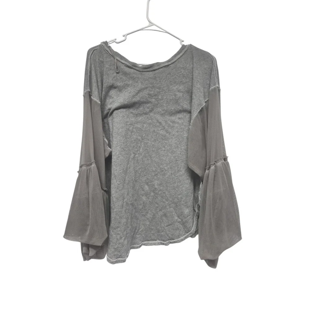 Free‎ People Oversized Boho Top Grey Mesh Bell Sleeve Size Small Petite